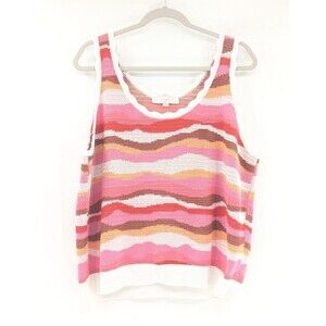 Loft Wavy Stripe Pink White Scoop Neck Knit Sweater Tank Top Blouse Size XL